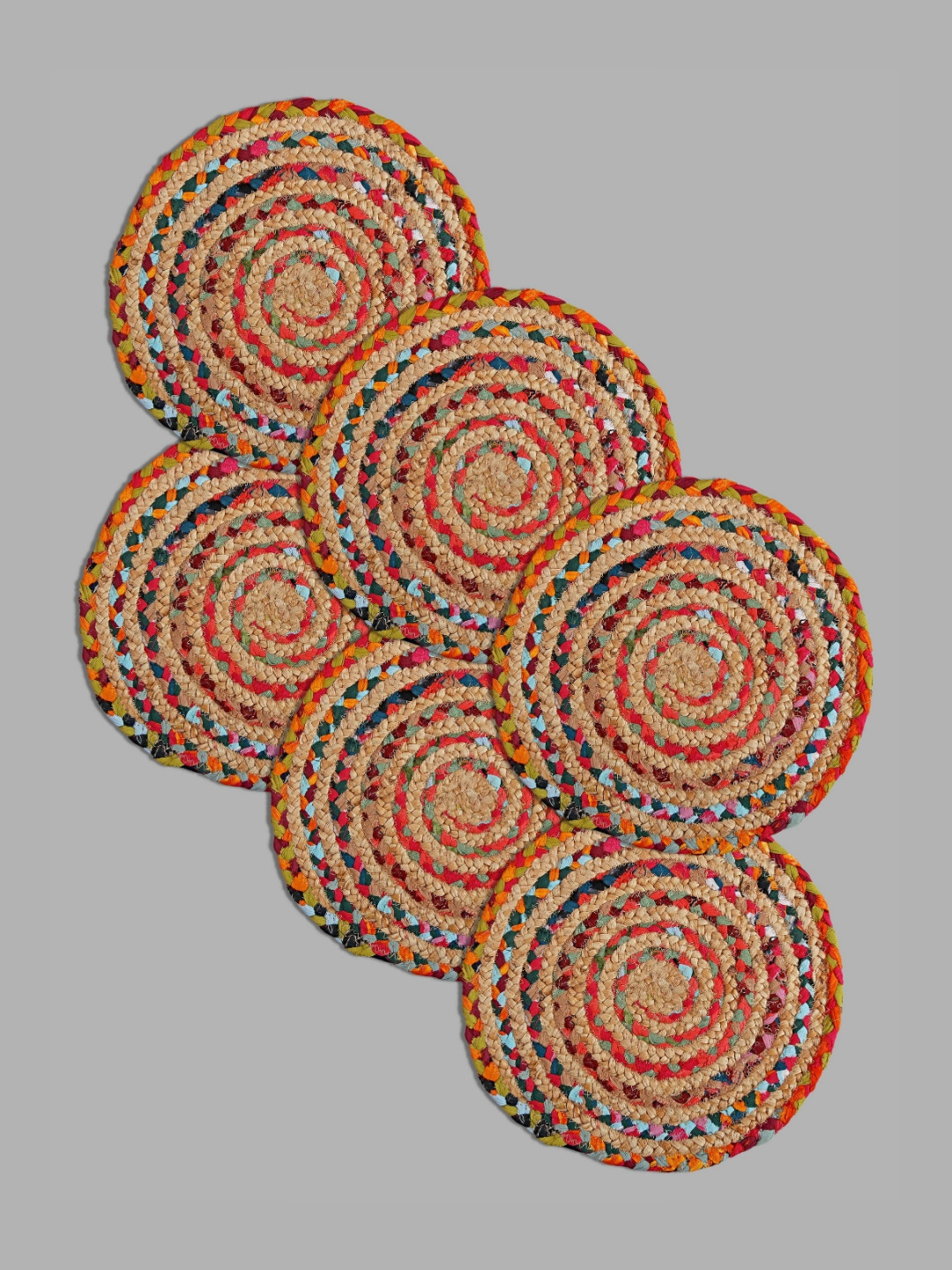 PAROKSH Brown & Red 6 Pieces Braided Jute Reversible Square Table Placemats