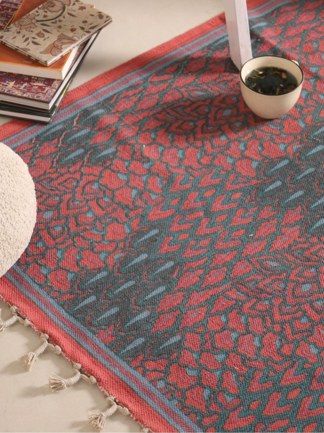 Peepul Tree Coral Floral Cotton Carpet