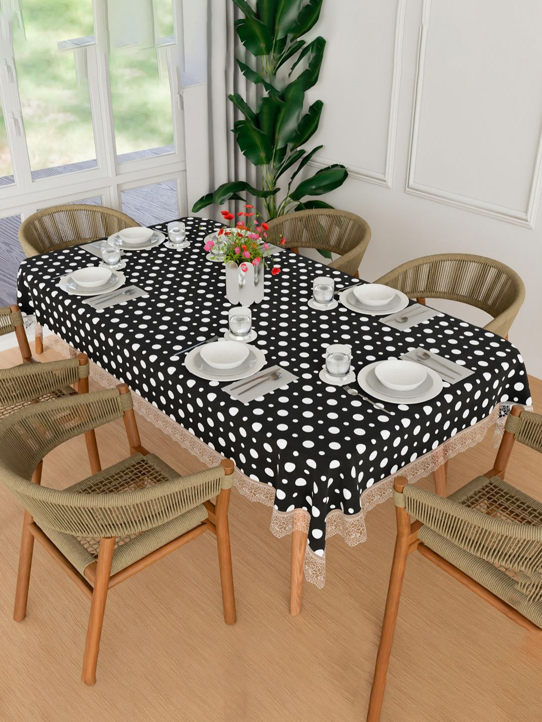 Aura Black Dot Printed Waterproof 6-Seater 1.52 m x 2.3 m PVC Table Cover