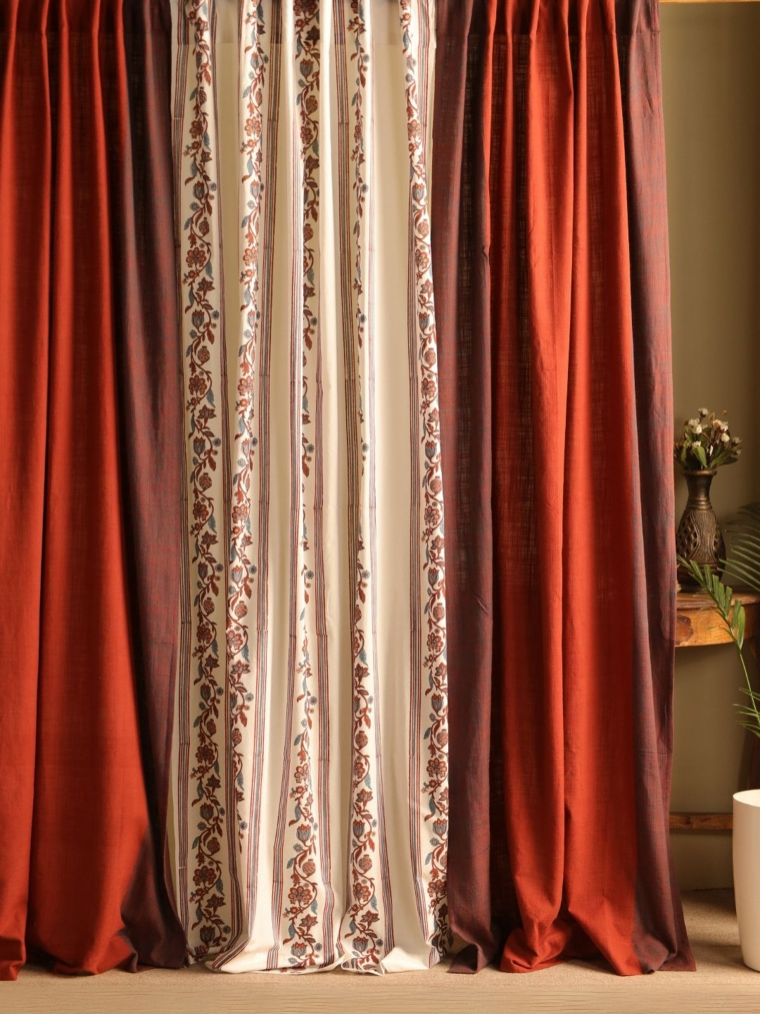 Peepul Tree 3 Pieces Cream & Brown Floral Sheer Cotton Door Curtain
