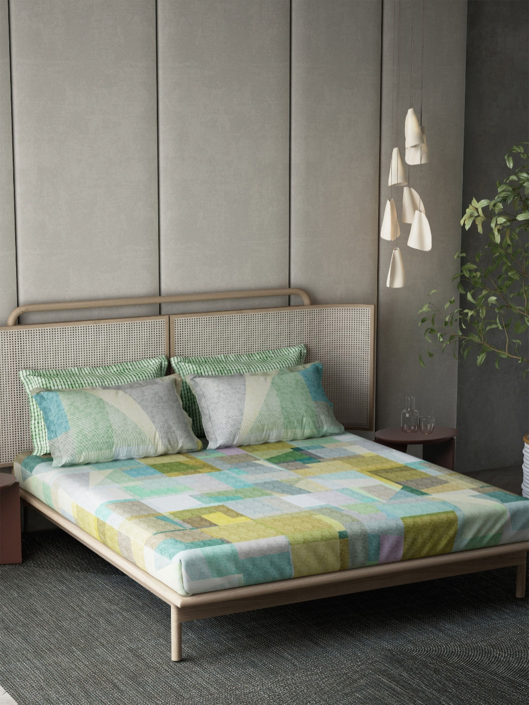 DDecor Syona Green Abstract Cotton 180 TC King Bedsheet with 4 Pillow Covers-274 x 274 cm