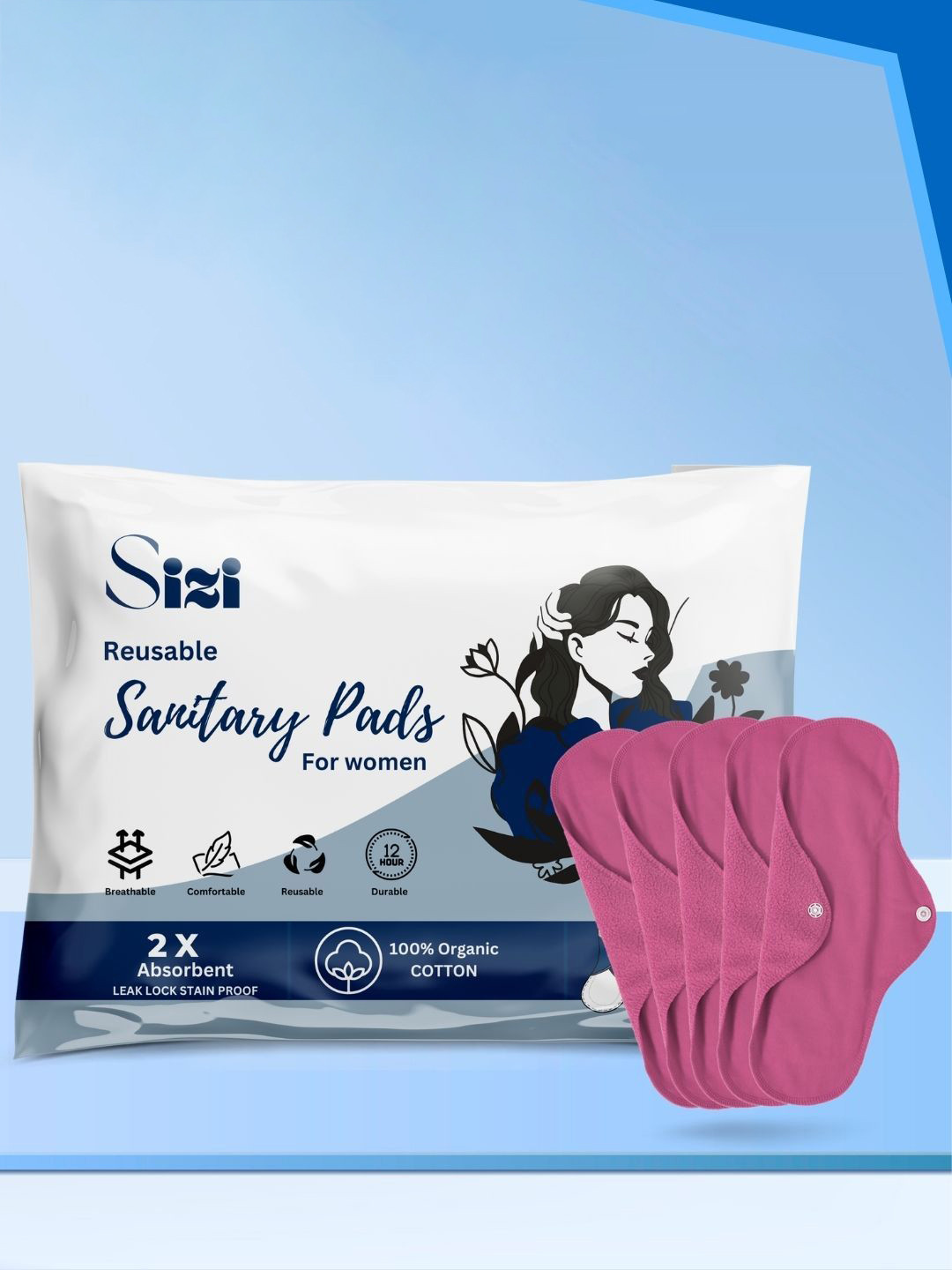 Sizi Super Absorbent Washable & Reusable Eco-Friendly Cotton Sanitary Pads - XL- 5 Pads