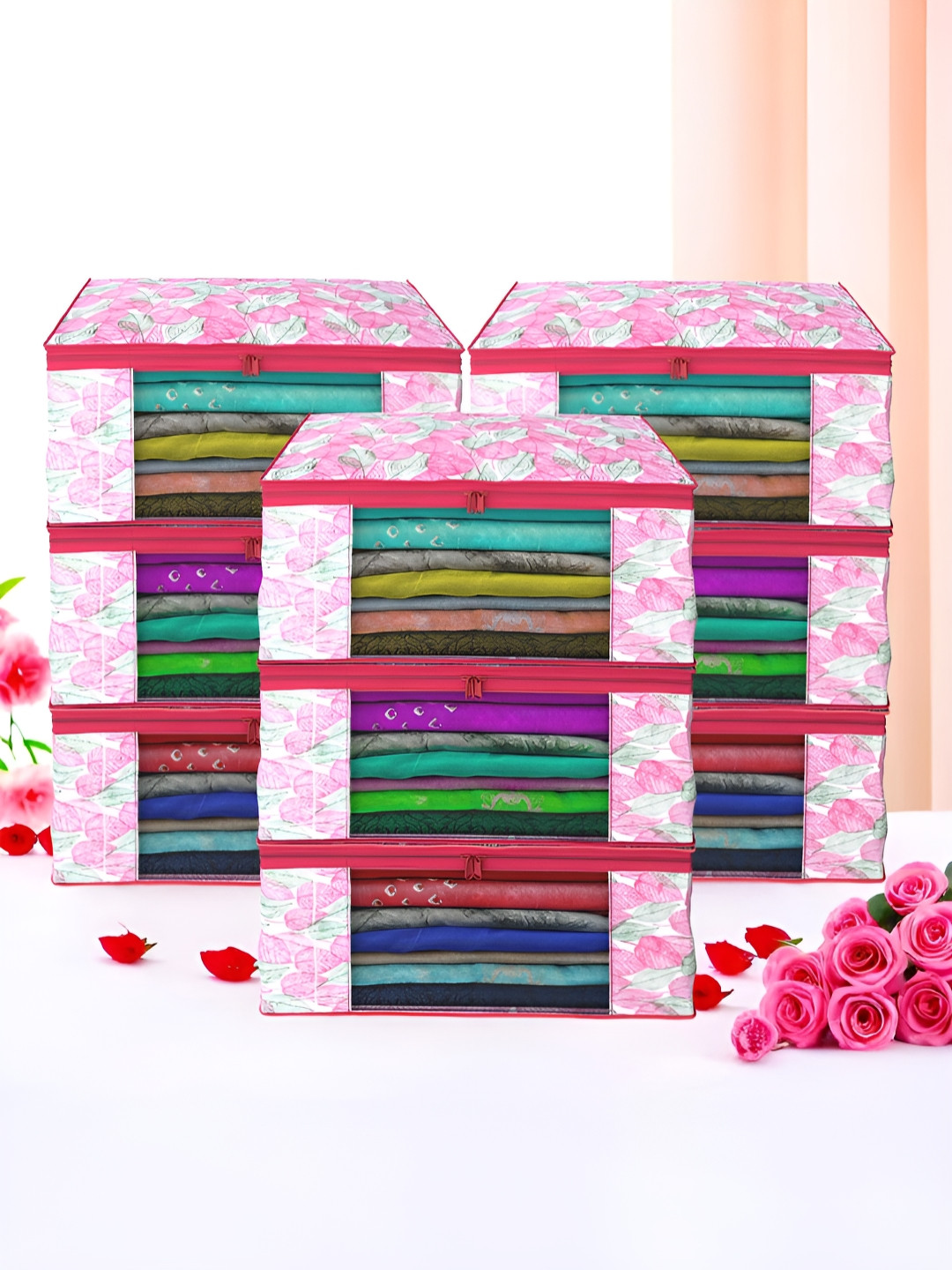 Aura Pink & White 9 Pieces Non-Woven Saree Cover 9 Inch Clothes Bag