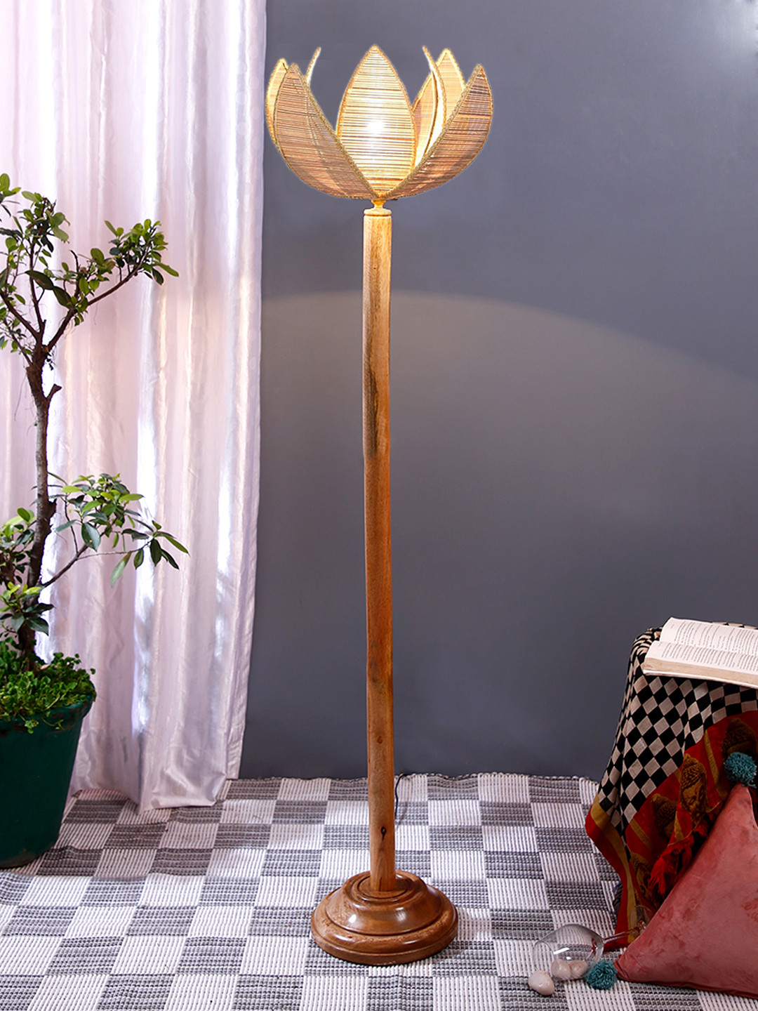 Devansh Brown & Beige Bamboo Flower Shape Floor Lamp With Wooden Base