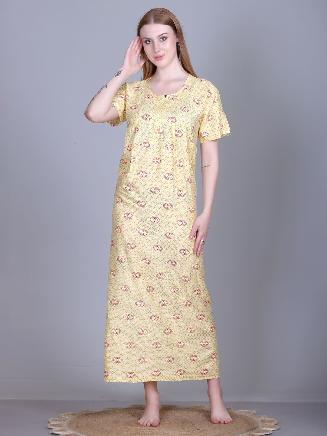 FIRST SLEEP Women Pure Cotton Geometric Printed Mandarin Collar Maxi Regular Nightdress