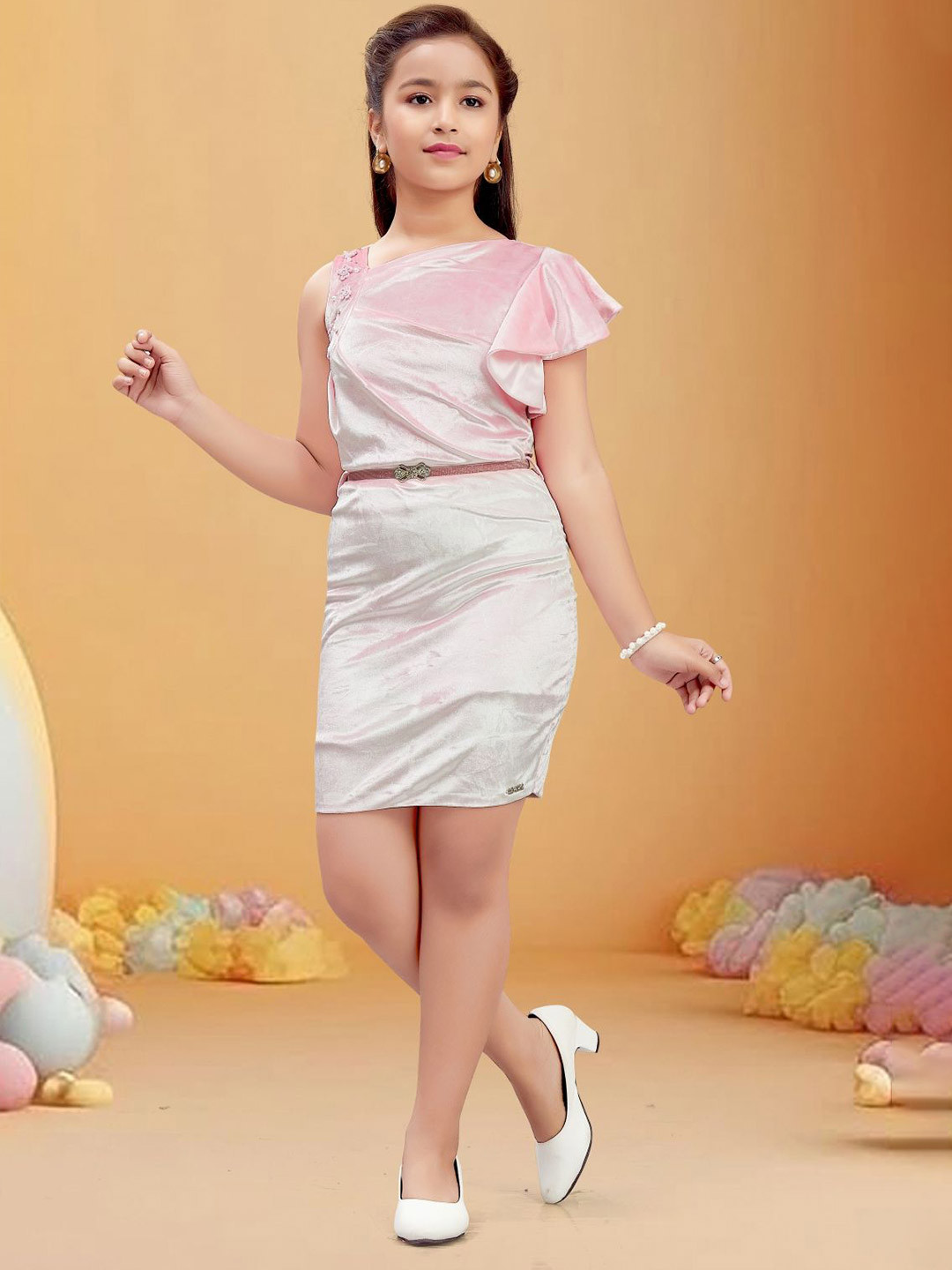 Lei-Chie Girl Tie and Dye Asymmetric Neck Flutter Sleeves Bodycon Midi Dress