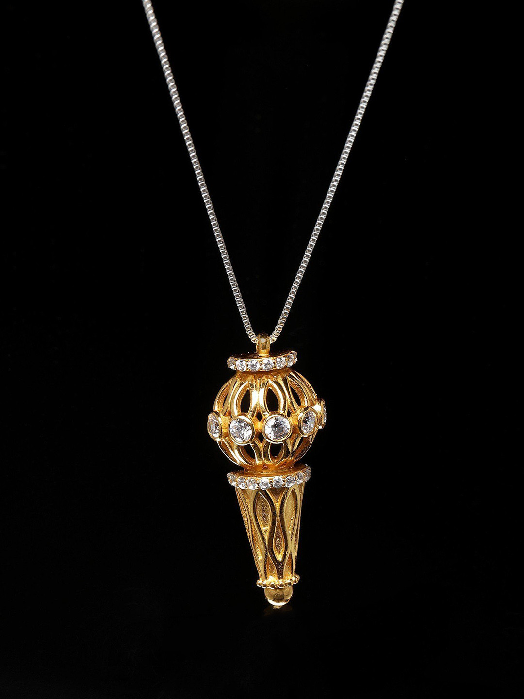 Exotic India Sterling Silver Lord Hanuman Weapon Mace Gada Pendant with Cubic Zirconia