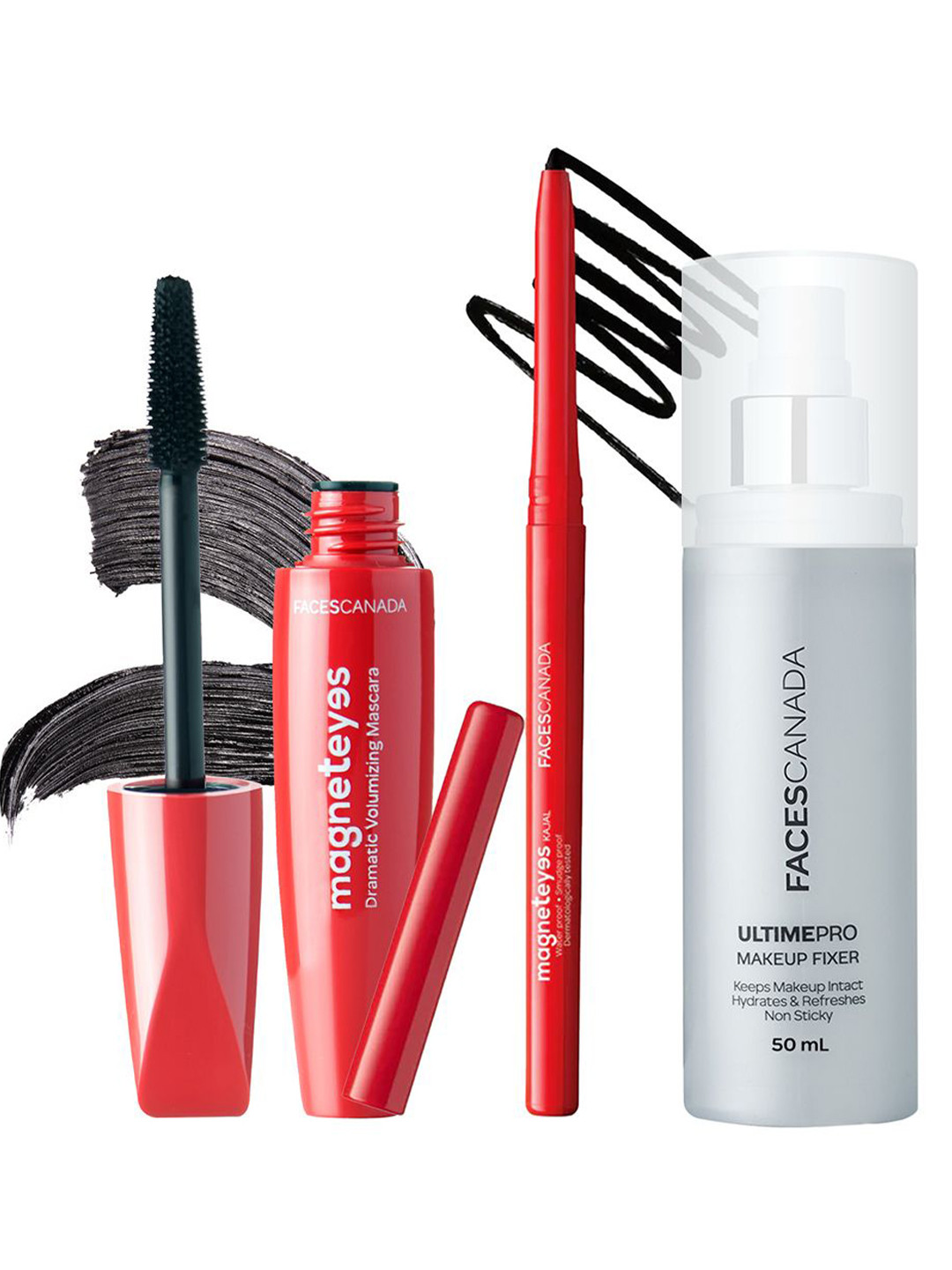 FACES CANADA Set Of 3 Magneteyes Kajal-0.35 g With Mascara-9.5 ml & Makeup Fixer - 50 ml