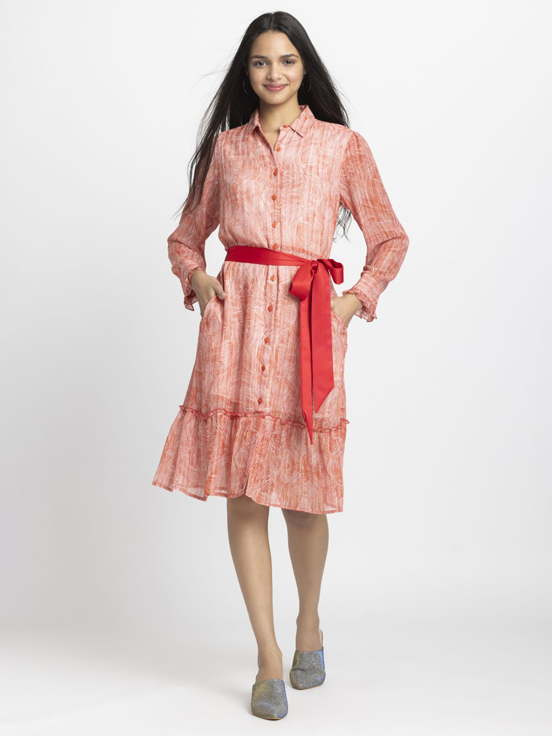 SHAYE Shirt Collar Red Lines Print Full Sleeves Casual Dresses For Women