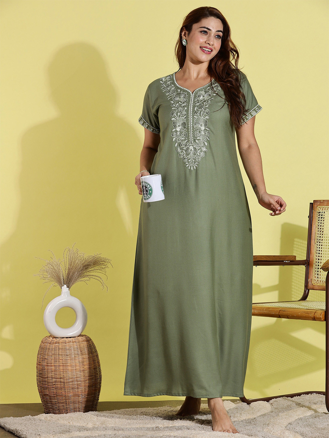 9shines Label Sadabahar Green Nightdress with Classic Embroidery and Pocket