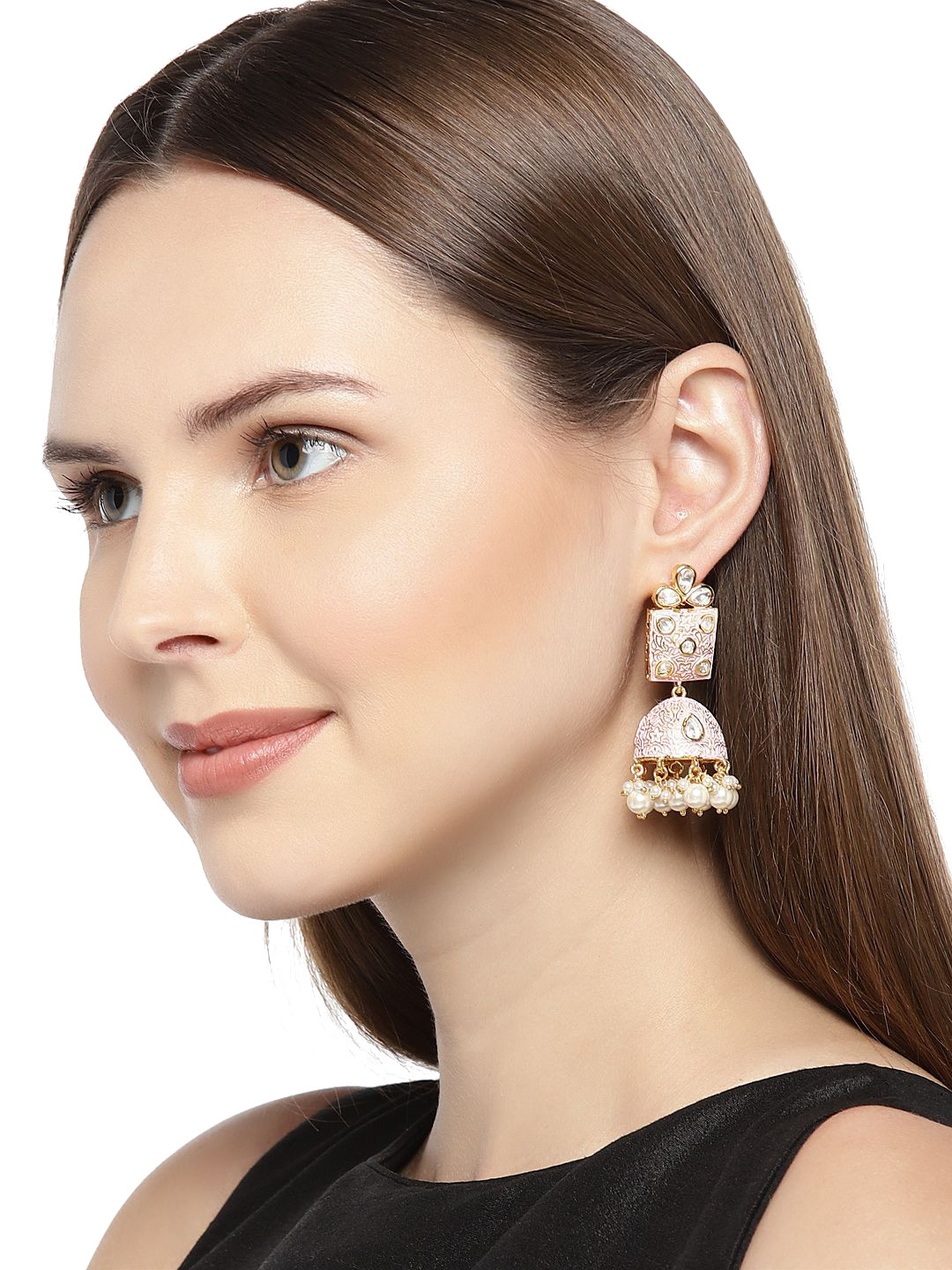 House of Pataudi Gold-Plated Kundan Studded Pearls Danglers Dome Shaped Jhumkas