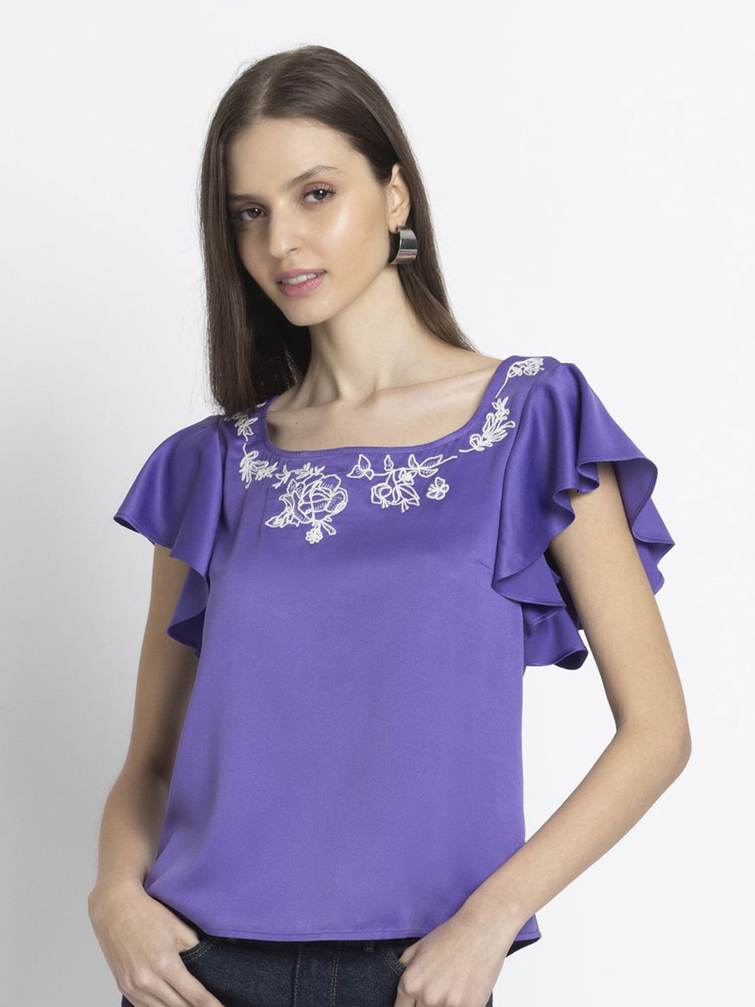 SHAYE Purple Square Neck Embroidered Short Sleeves Casual Tops For Women