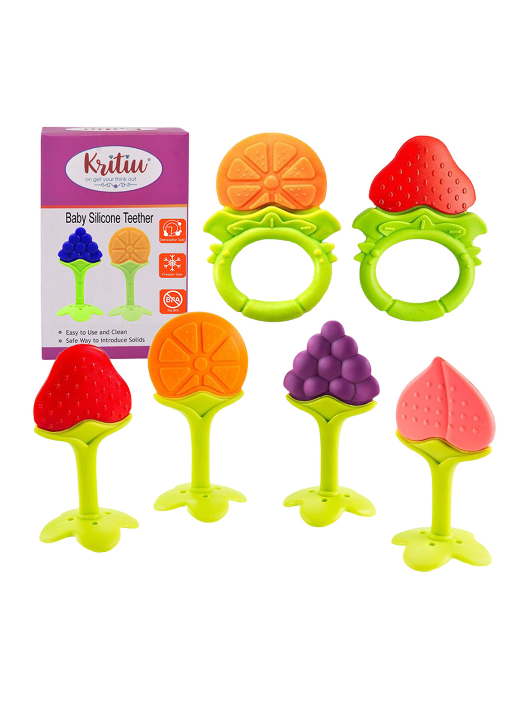 Kritiu 6-Pcs Green & Red Silicone Fruit Shape Baby Teether
