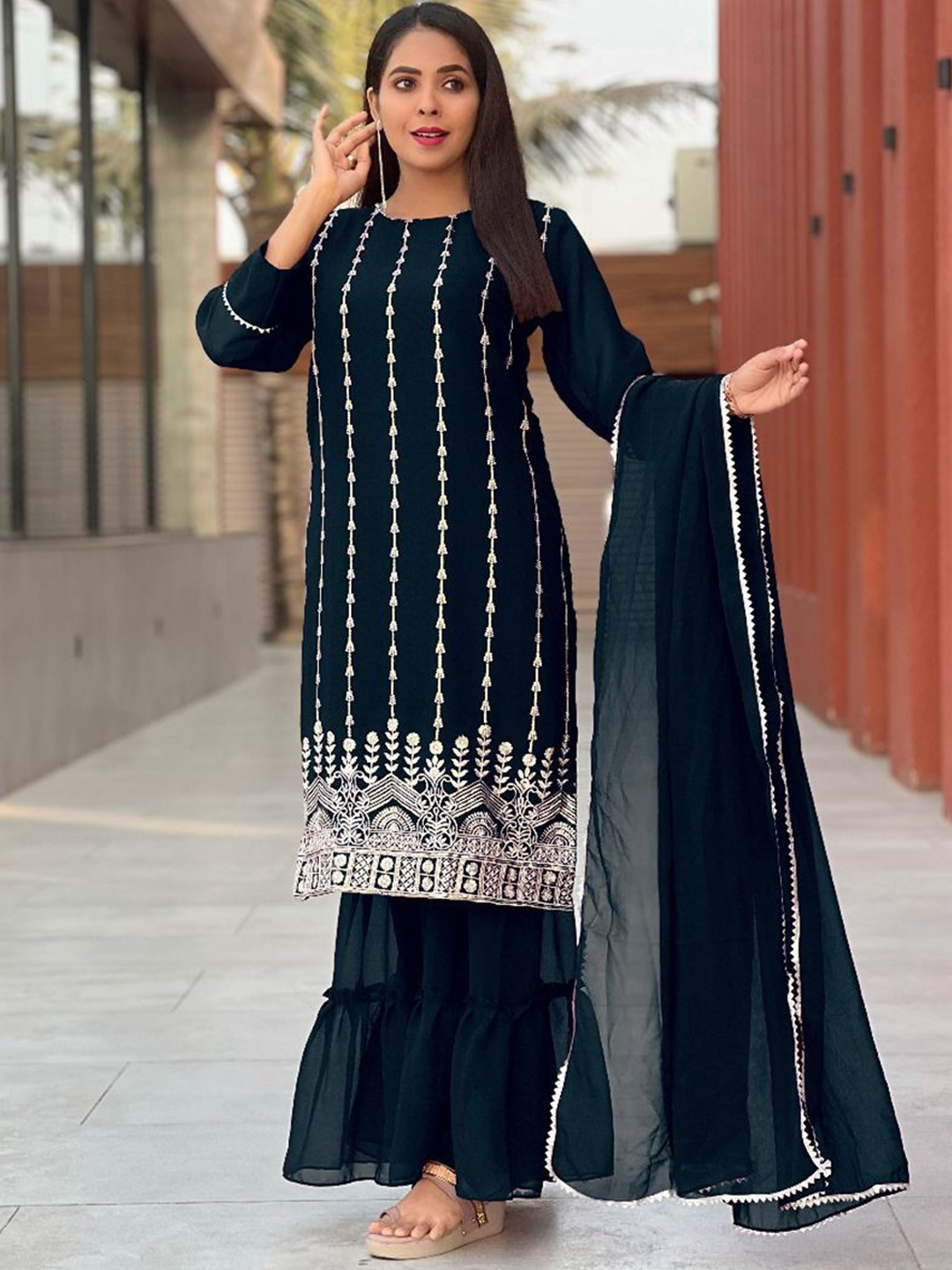 BINDUDI Floral Embroidered Thread Work Art Silk Kurta With Sharara & Dupatta