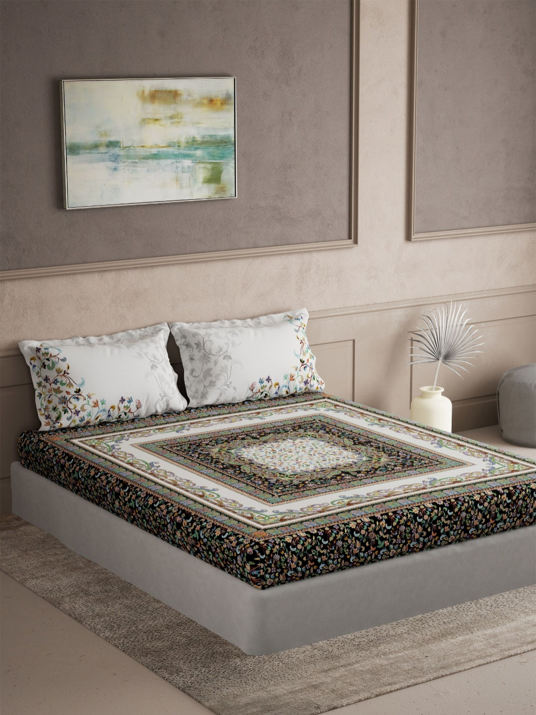 DDecor Virasat Black & White Ethnic Motifs Cotton 145 TC King Bedsheet Set-2.74m x 2.74 m