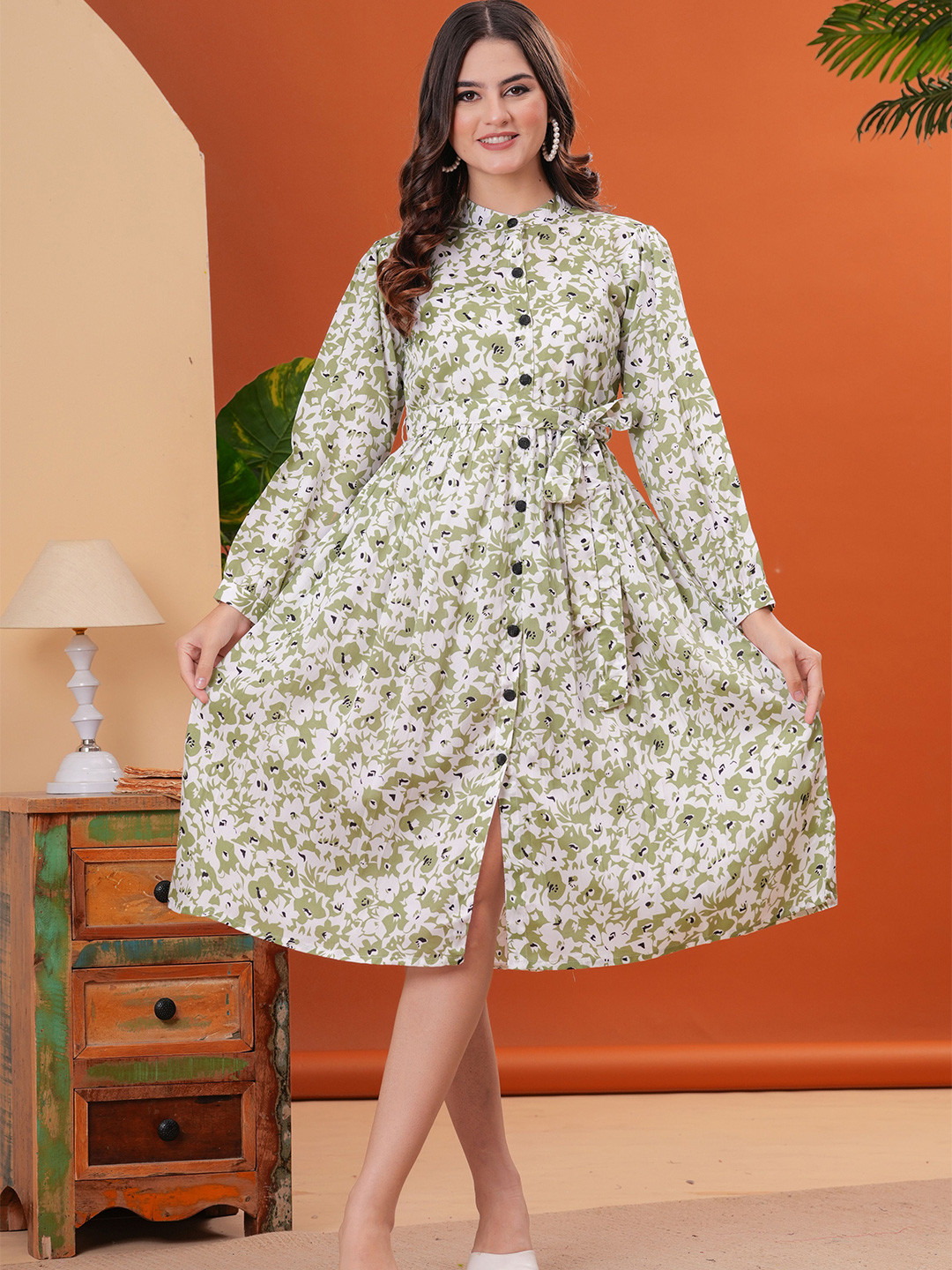 OH MI DIOS Floral Printed Crepe Shirt Dress With Tie-Ups