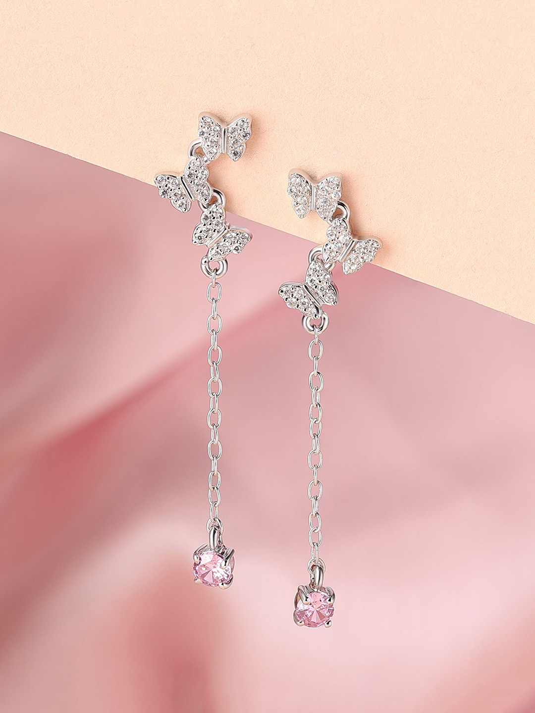 Ornate Jewels 925 Silver Pink American Diamond Butterfly Dangle Earring