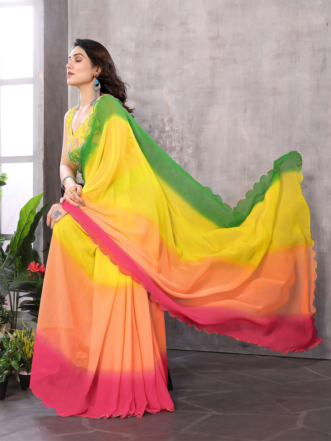 ROOP SUNDARI SAREES Colourblocked Embroidered Border Pure Georgette Saree