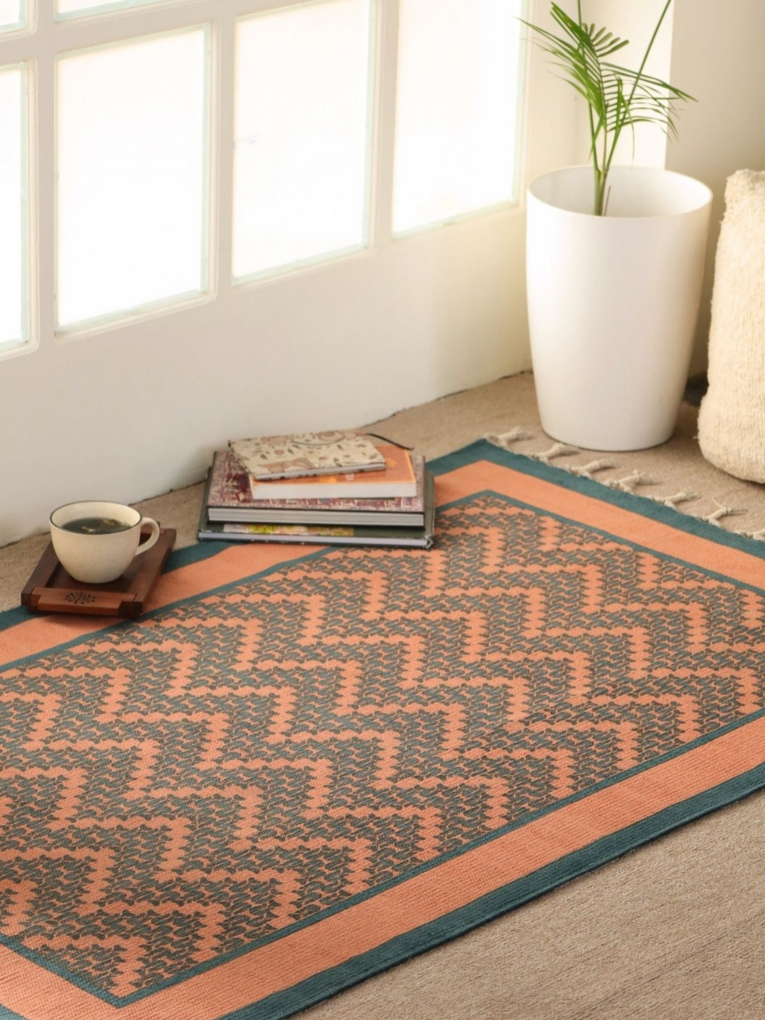 Peepul Tree Coral Floral Cotton Carpet