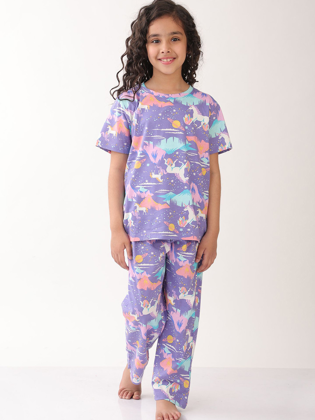 Anthrilo Girls Unicorn Planet Print Short Sleeves Pure Cotton T-shirt & Pyjamas Night Suit
