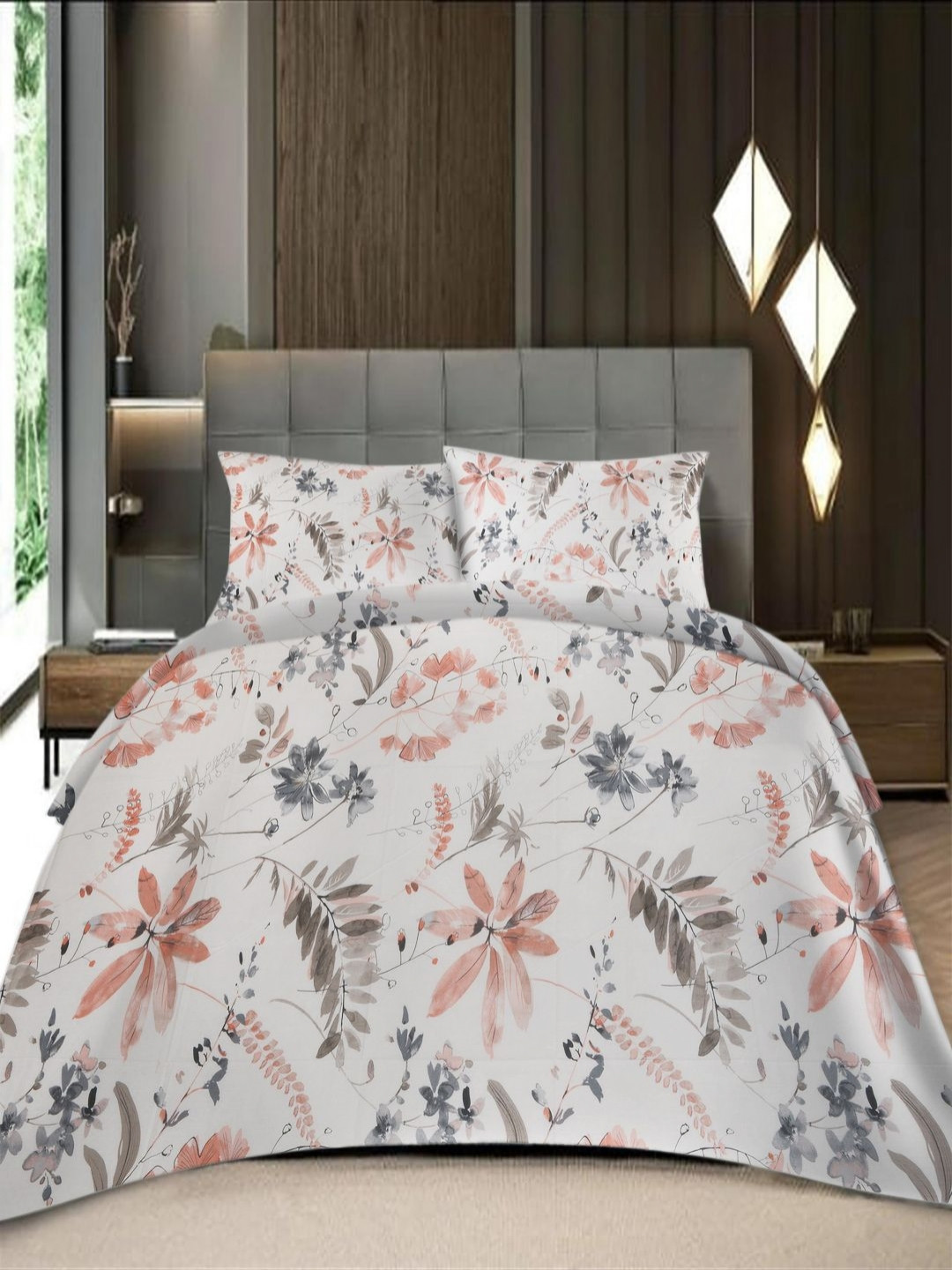 Threadwear White & Pink Floral 400 TC King Bedsheet with 2 Pillow Covers