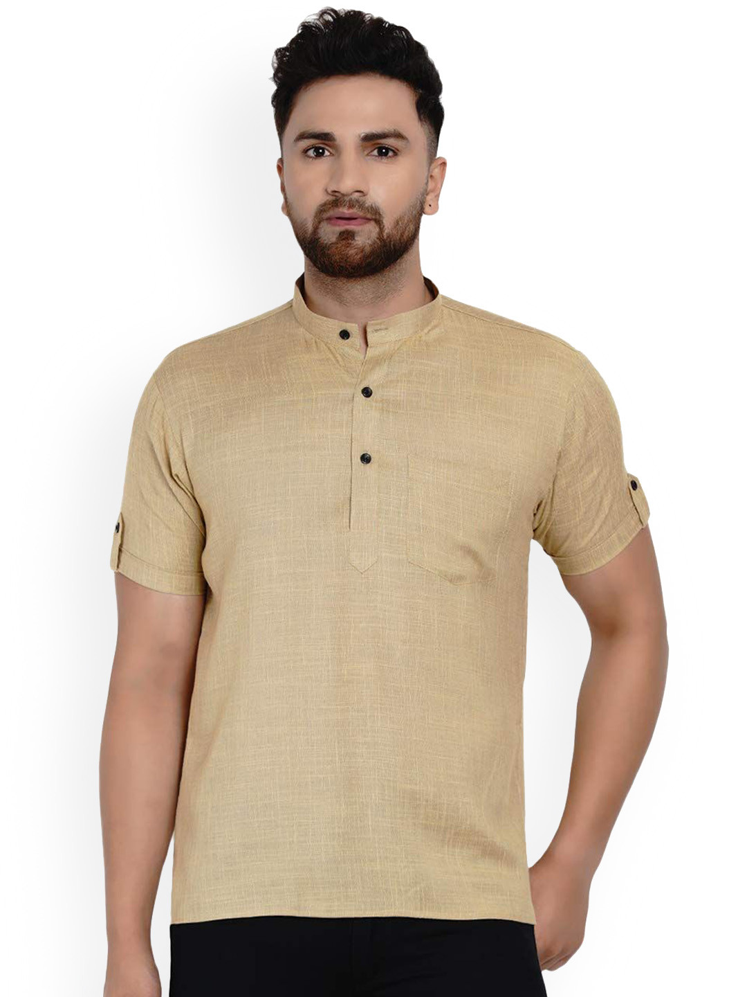 VEERA PARIDHAAN Band Collar Roll-Up Sleeves Straight Short Kurta