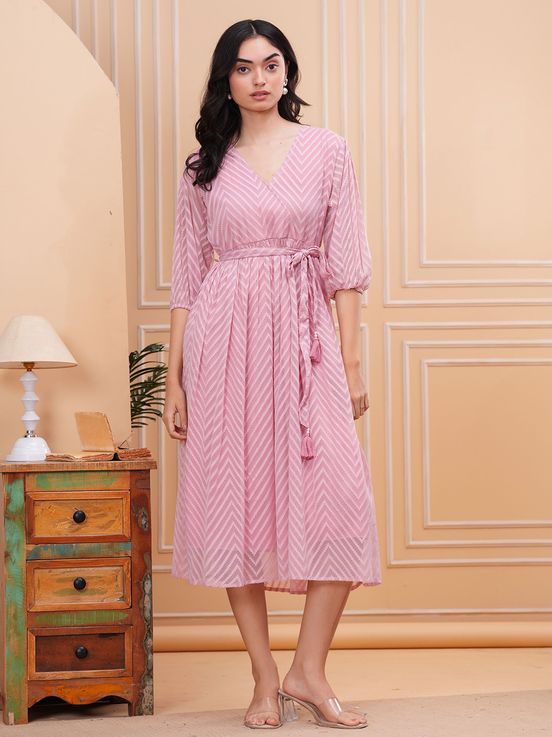 OH MI DIOS Women Printed V Neck Georgette Dress