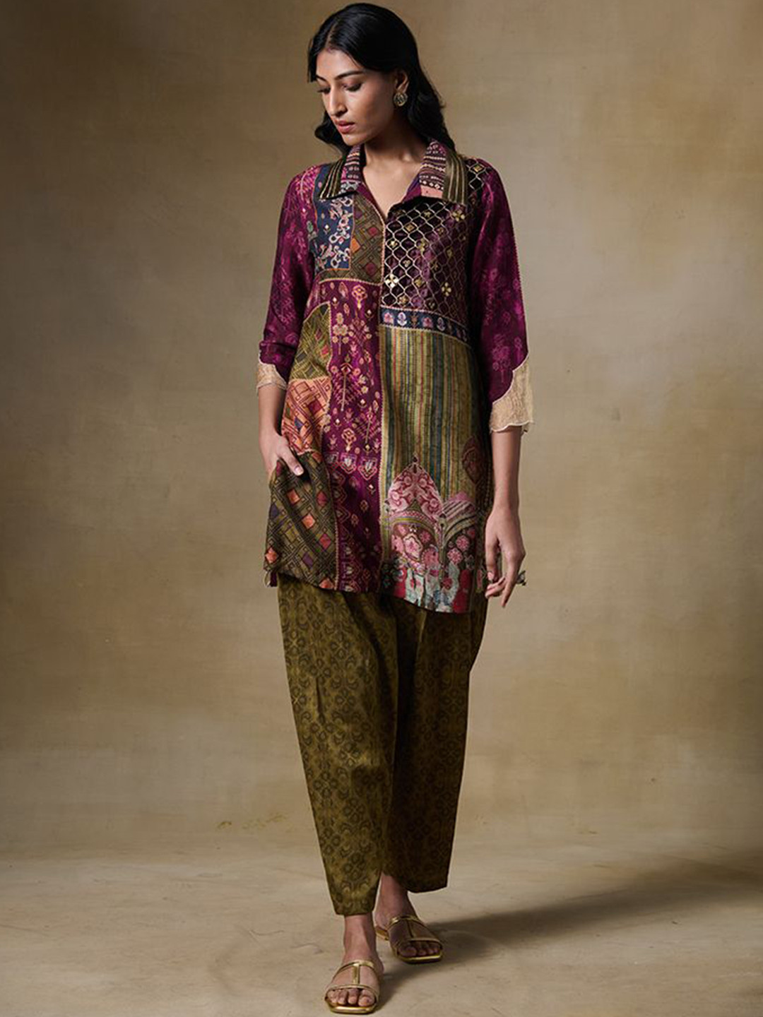 SAUNDH Ethnic Motif Sequinned Shirt Collar Raw Silk Kurti with Trouser & Dupatta