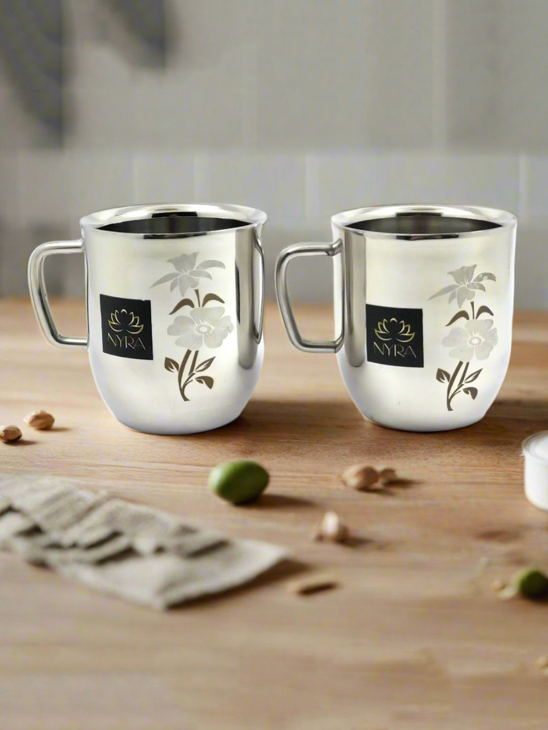 Nyra Kitchenware Be Happy Steel Floral Stainless Steel Handmade 2 Piece Cup-250ml