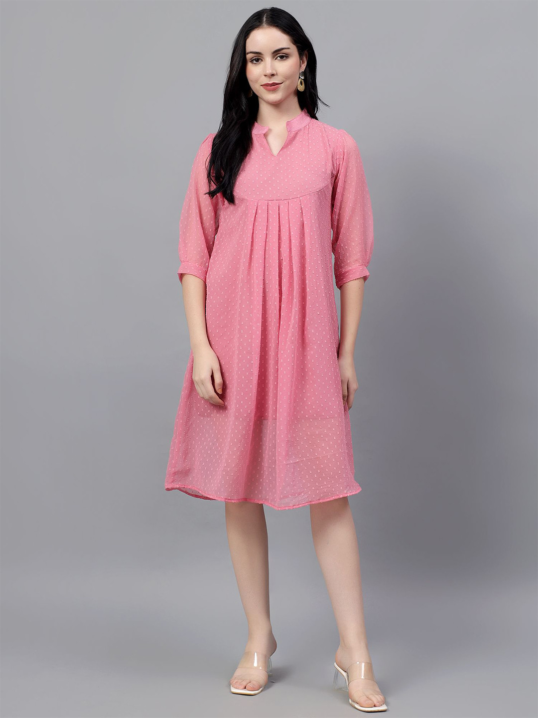 Bright Nex Self Design Puff Sleeve A-Line Dress
