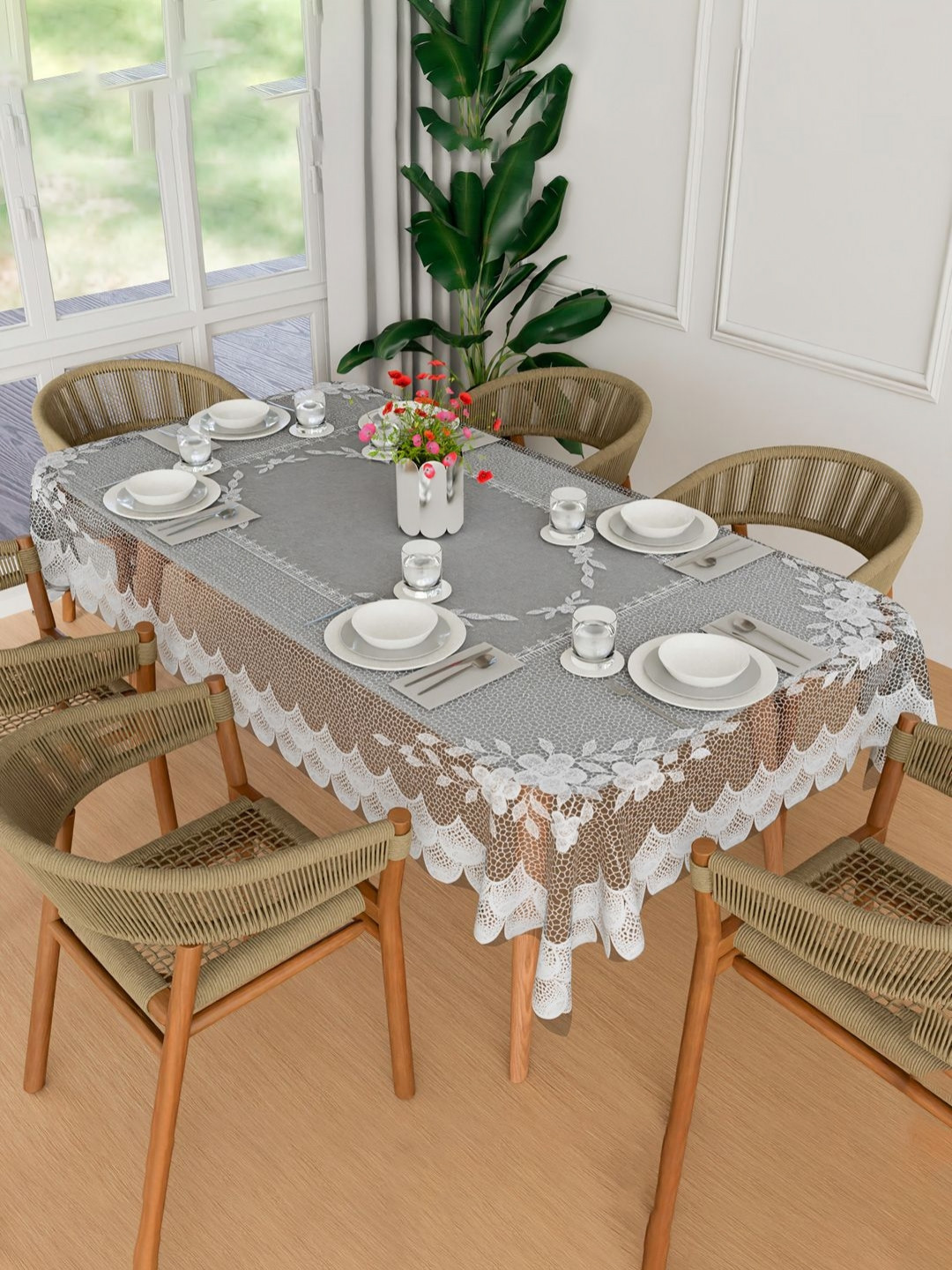 Aura White Floral Embroidered Waterproof 6-Seater Rectangle PVC Table Cover 1.52m x 2.3 m