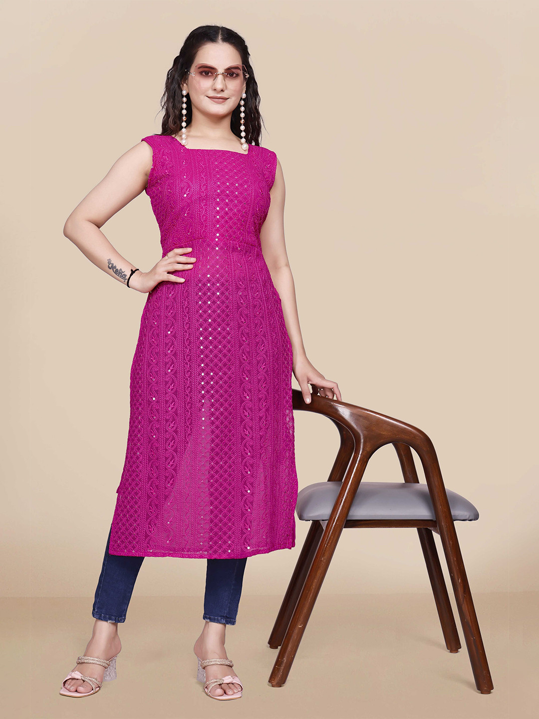 PARROT CREATION Paisley Chikankari Sequinned Square Neck Sleeveless Straight Kurta