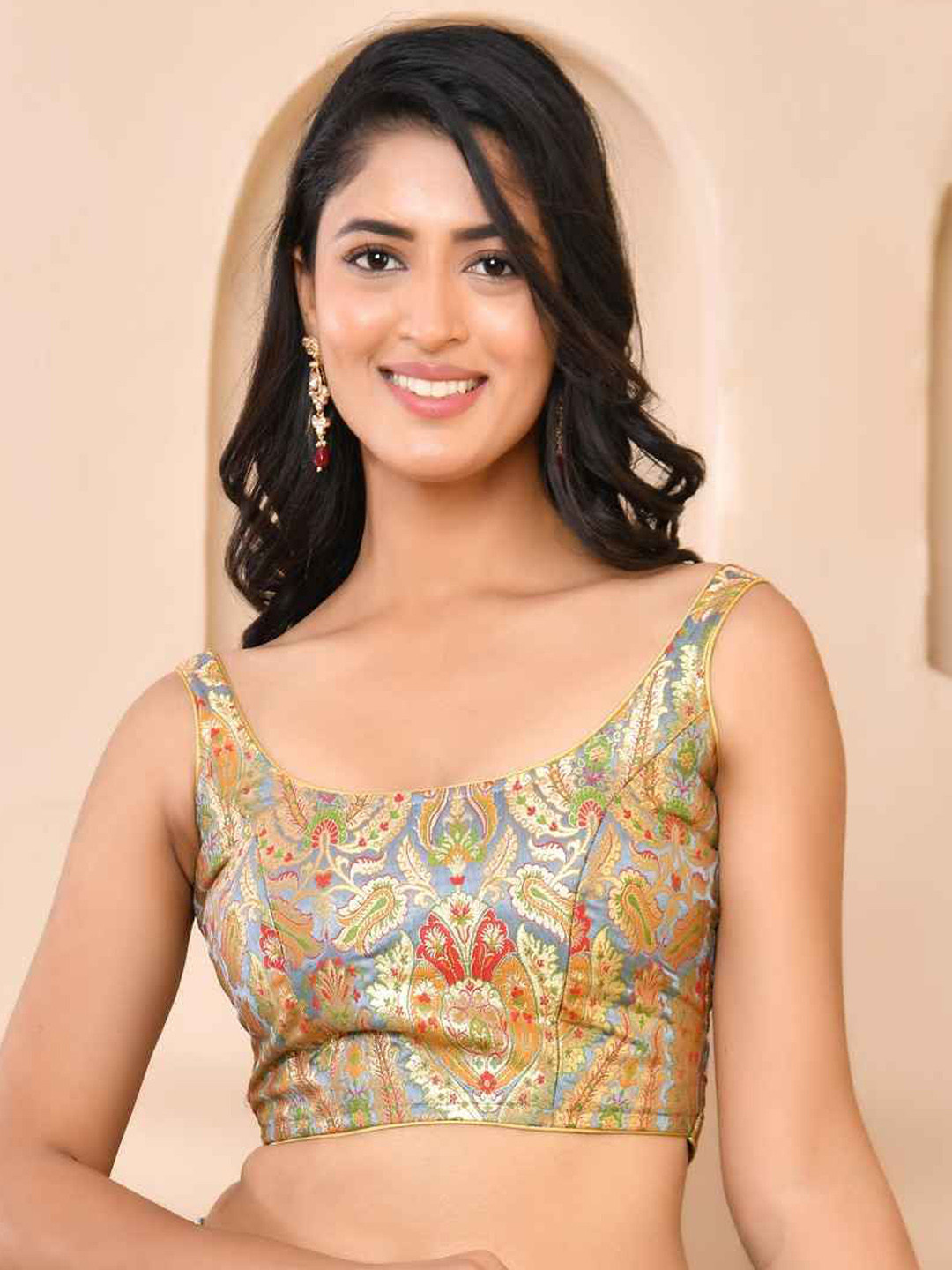 Amodini Designer Studio Brocade Woven Designed Round Neck Padded Saree Blouse