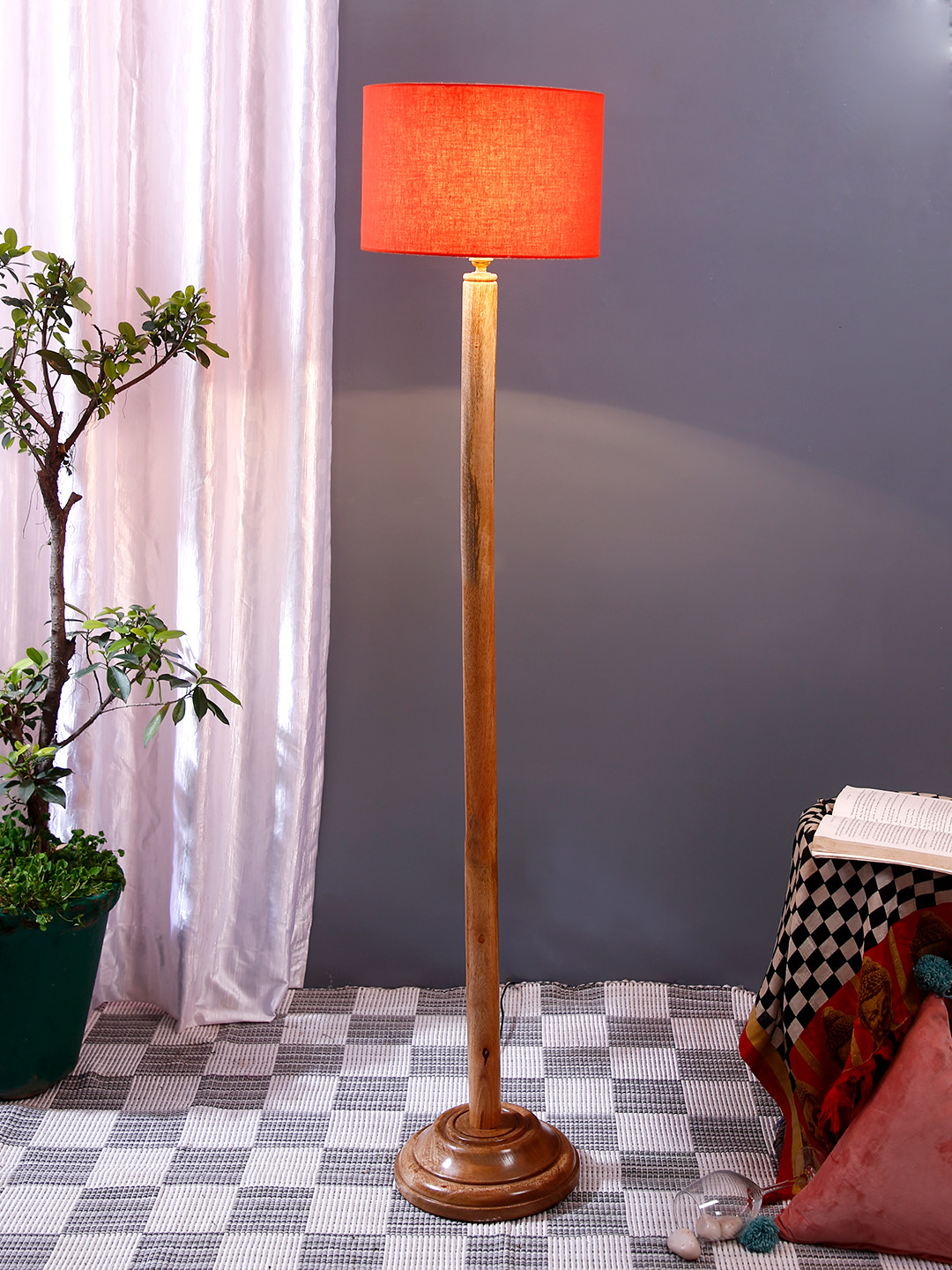 Devansh Orange & Brown Cylindrical Shaped Wooden Base Floor Lamps