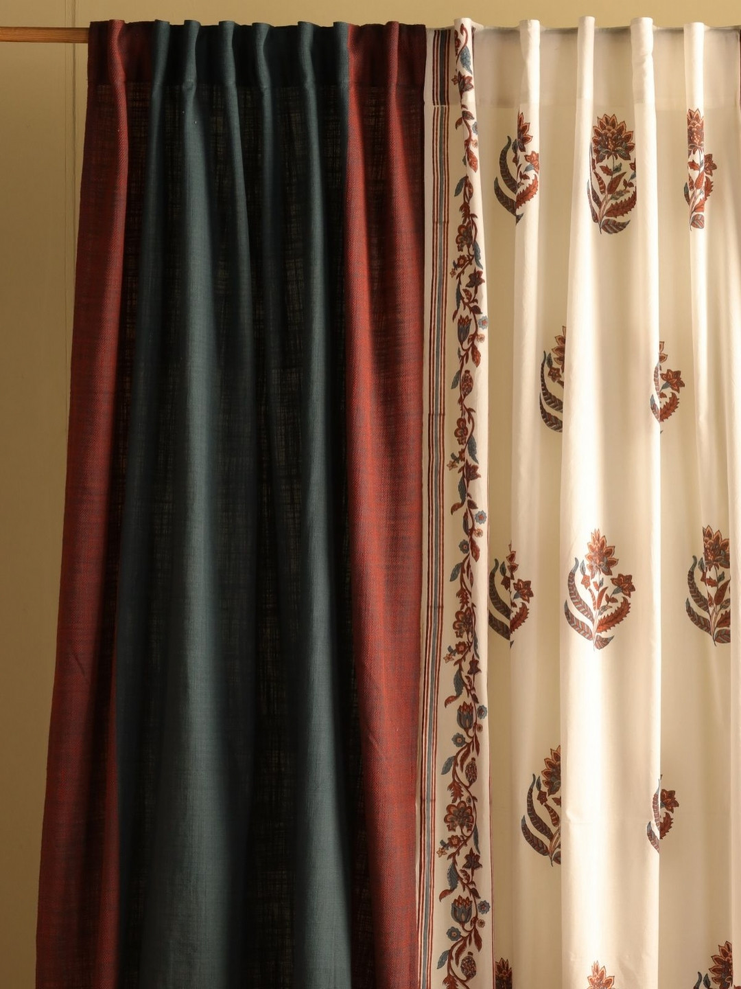 Peepul Tree Set of 3 Cream & Navy Blue Floral Sheer Cotton Door Curtain-7ft