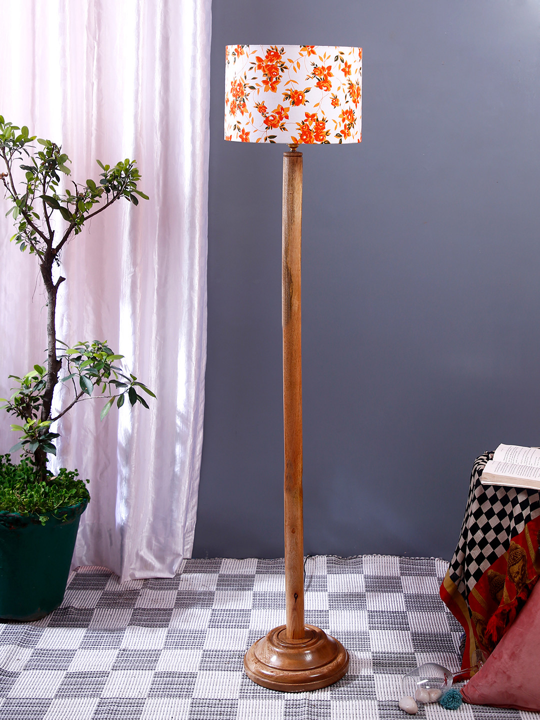 Devansh White & Orange Floral Printed Cotton Cylinder Shape Wood Base Floor Lamp