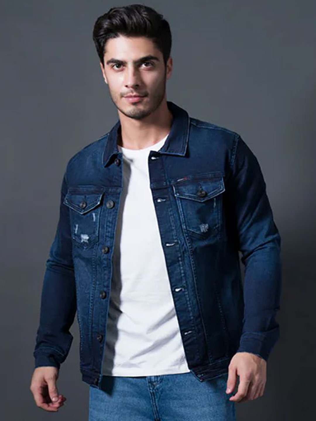 nostrum Men Washed Nylon Reversible Denim Jacket with Embroidered