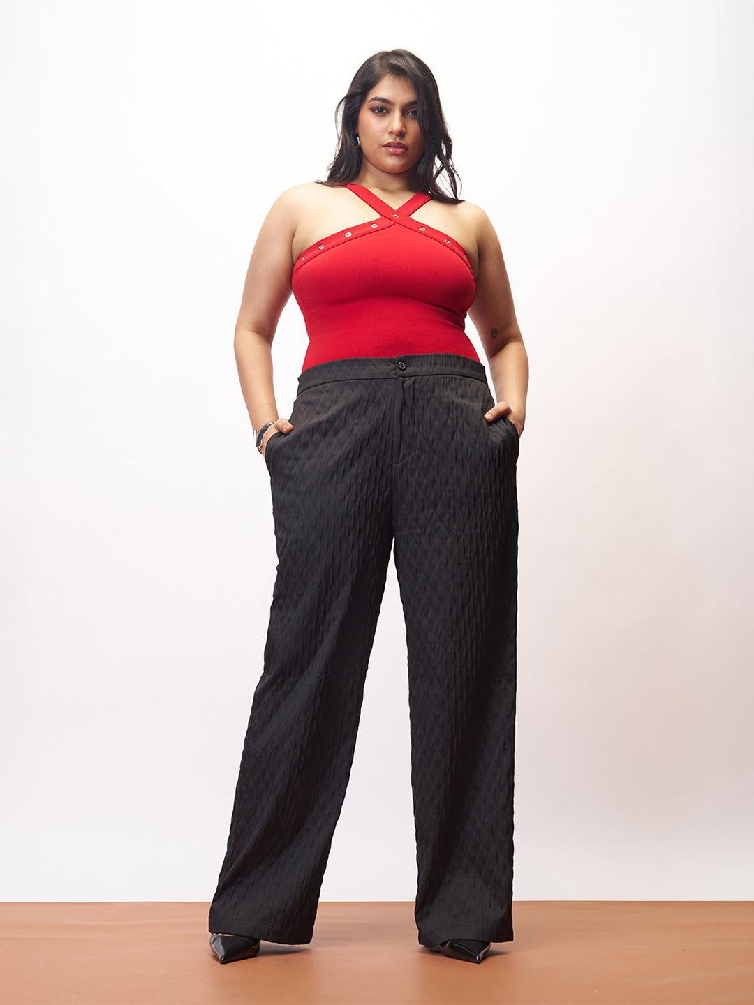 FREAKINS Women Black Curve Textured Korean Pants