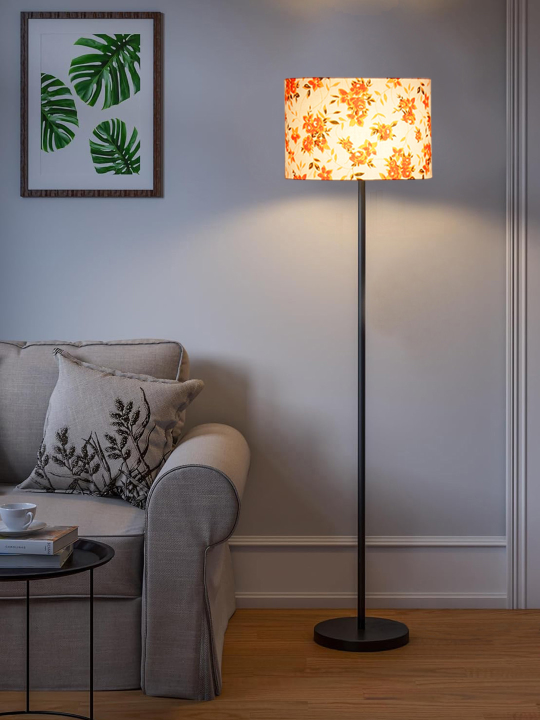 Devansh White & Orange Floral Printed Cotton Drum Iron Cylindrical Floor Lamp