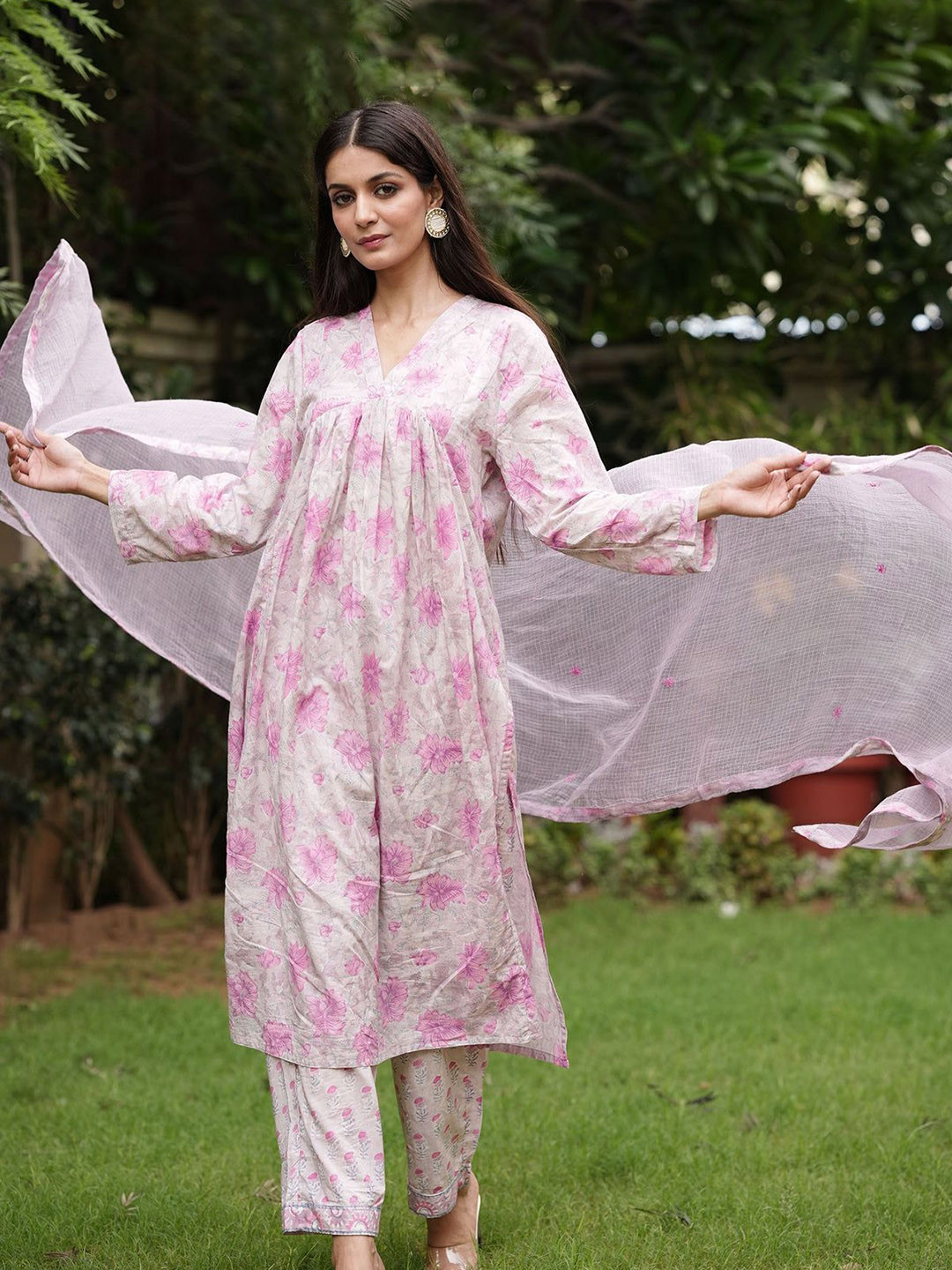 GULABI DORI Handblock Printed Cotton Anarkali Kurta Set