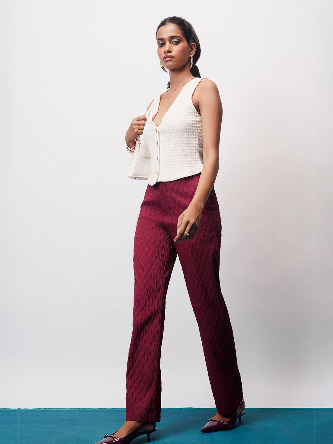 FREAKINS Women Dark Scarlet Textured Korean Pants