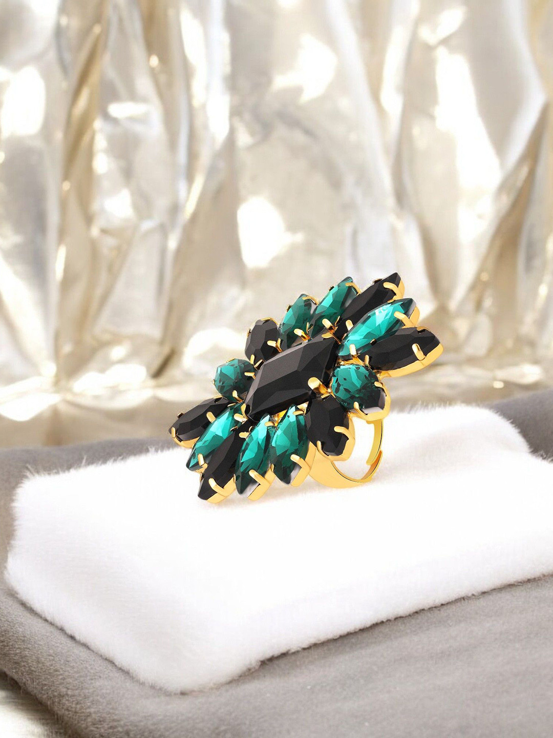 Mahi Elegant Black & Green Crystal Flower Statement Ring