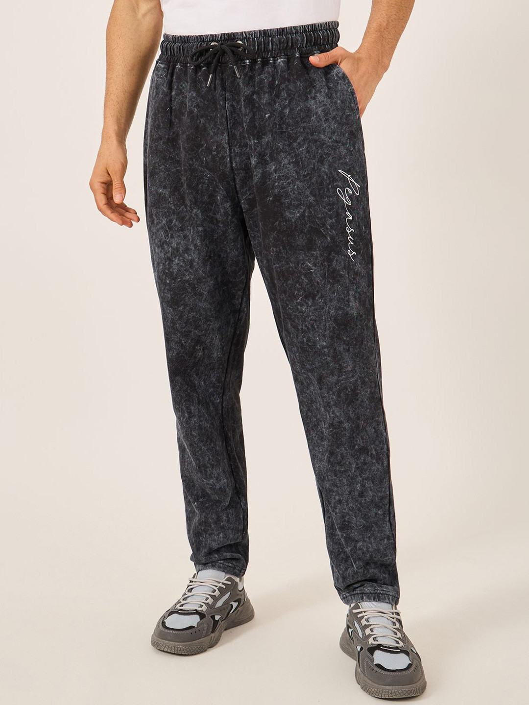 Styli Acid Washed Cursive Text Print Slim Fit Terry Jogger