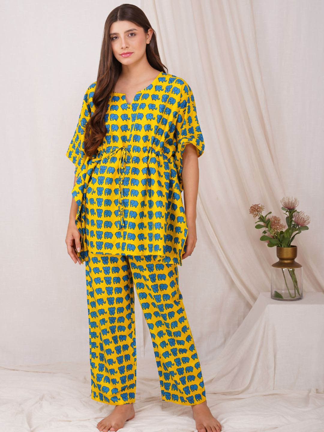 Safeera Women Printed Pure Cotton Kaftan and Pyjamas Night Suit