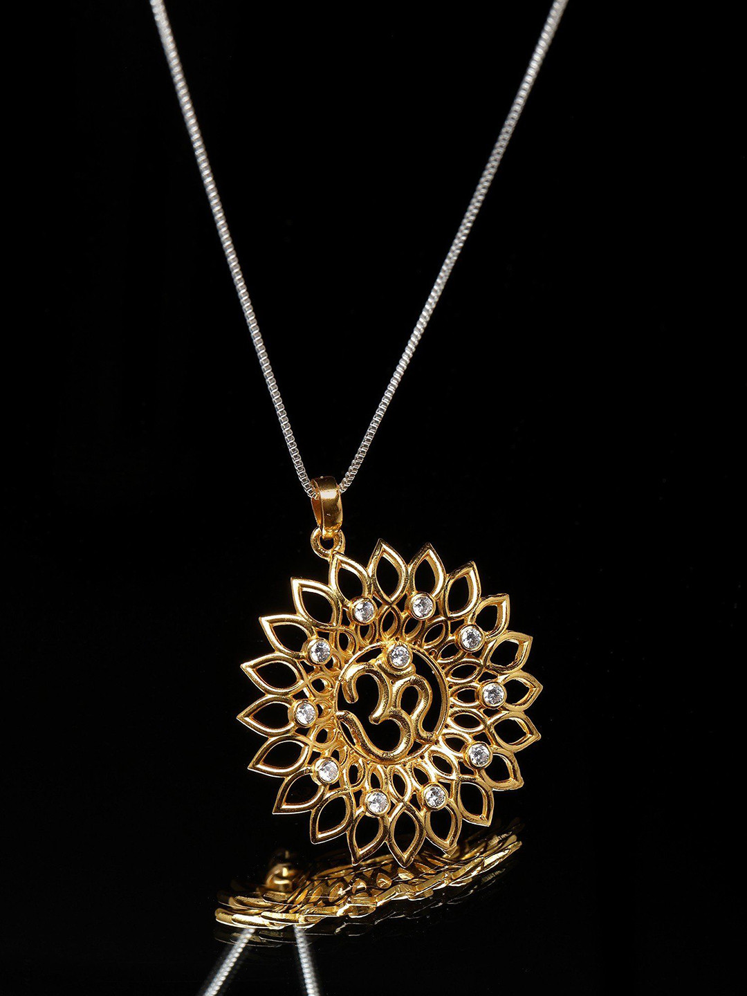 Exotic India Sterling Silver Om Mandala Pendant with Cubic Zirconia
