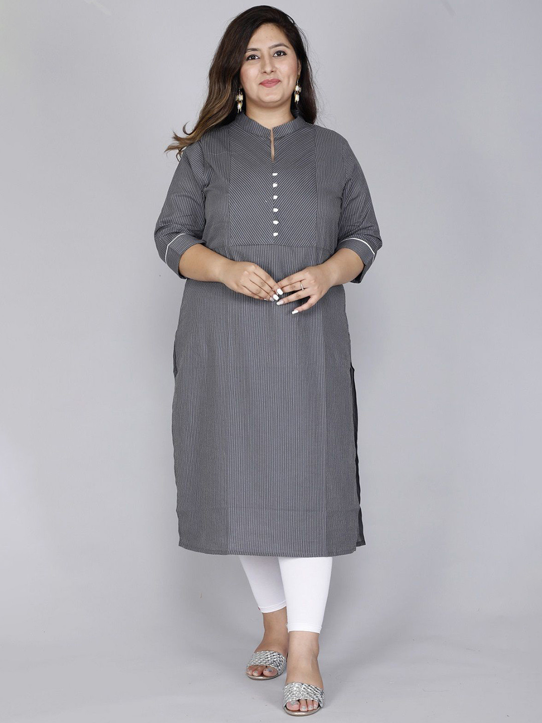 Gs Fashions Striped Mandarin Collar Thread Work Pure Cotton Straight Plus Size Kurta
