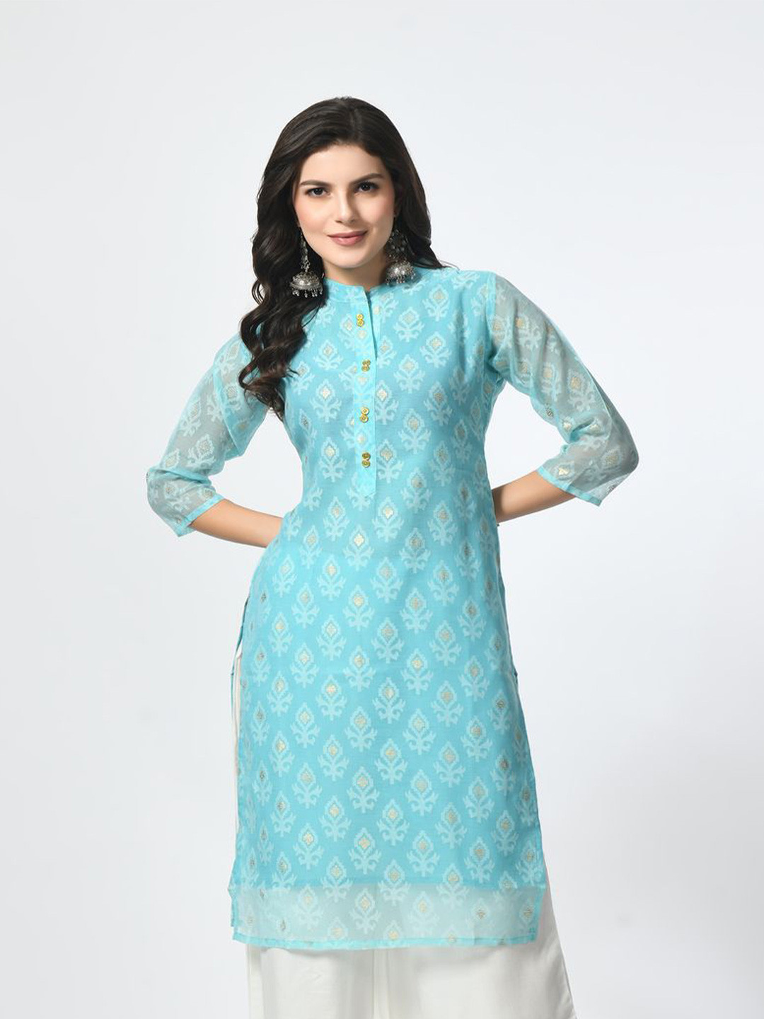 MAURYA Ethnic Motifs Woven Design Mandarin Collar Chanderi Cotton Straight Kurta
