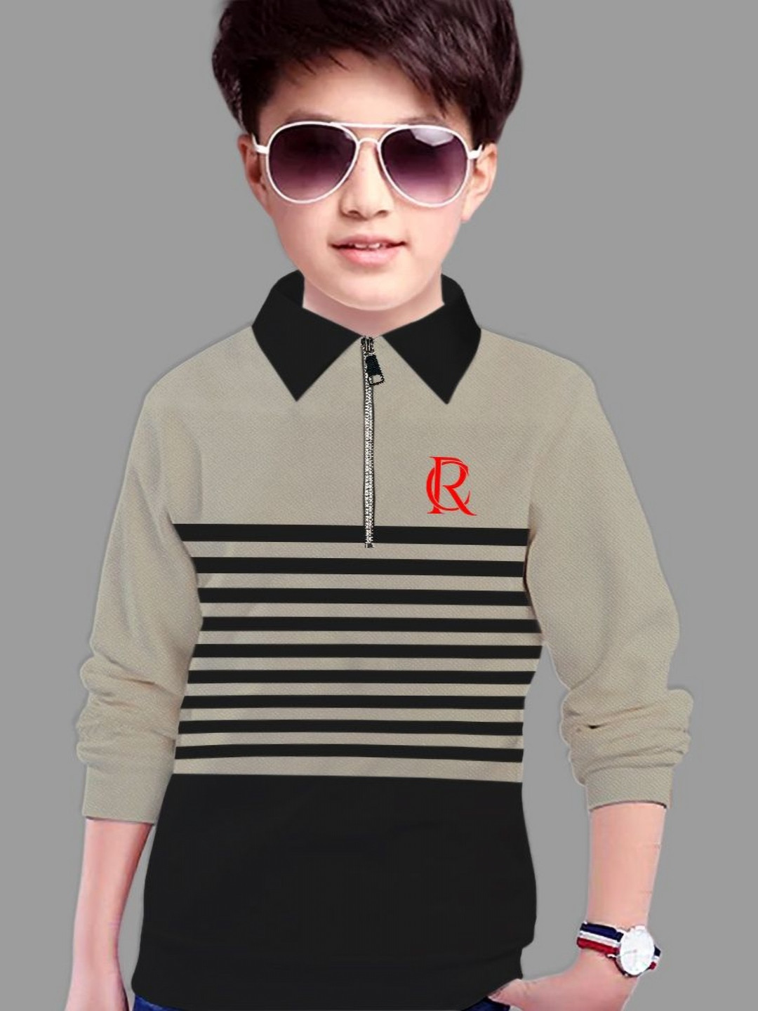 MYEONN Boys Typography Striped Polo Collar T-shirt