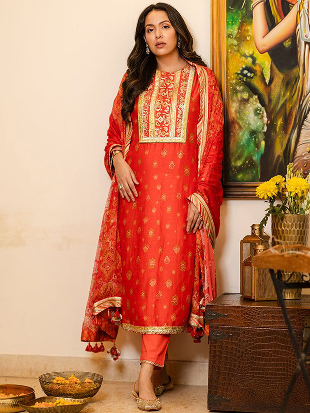 SAUNDH Floral Embroidered Sequinned Raw Silk Straight Kurta With Trousers And Dupatta