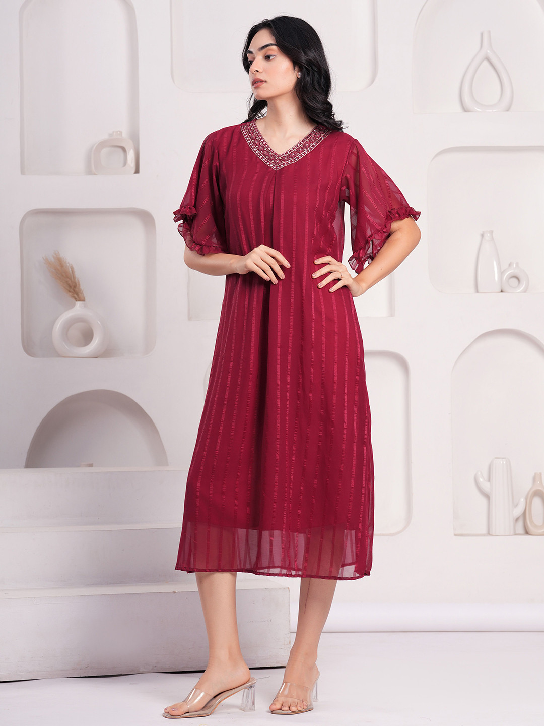 OH MI DIOSStriped  Striped Flared Sleeves Midi Dress